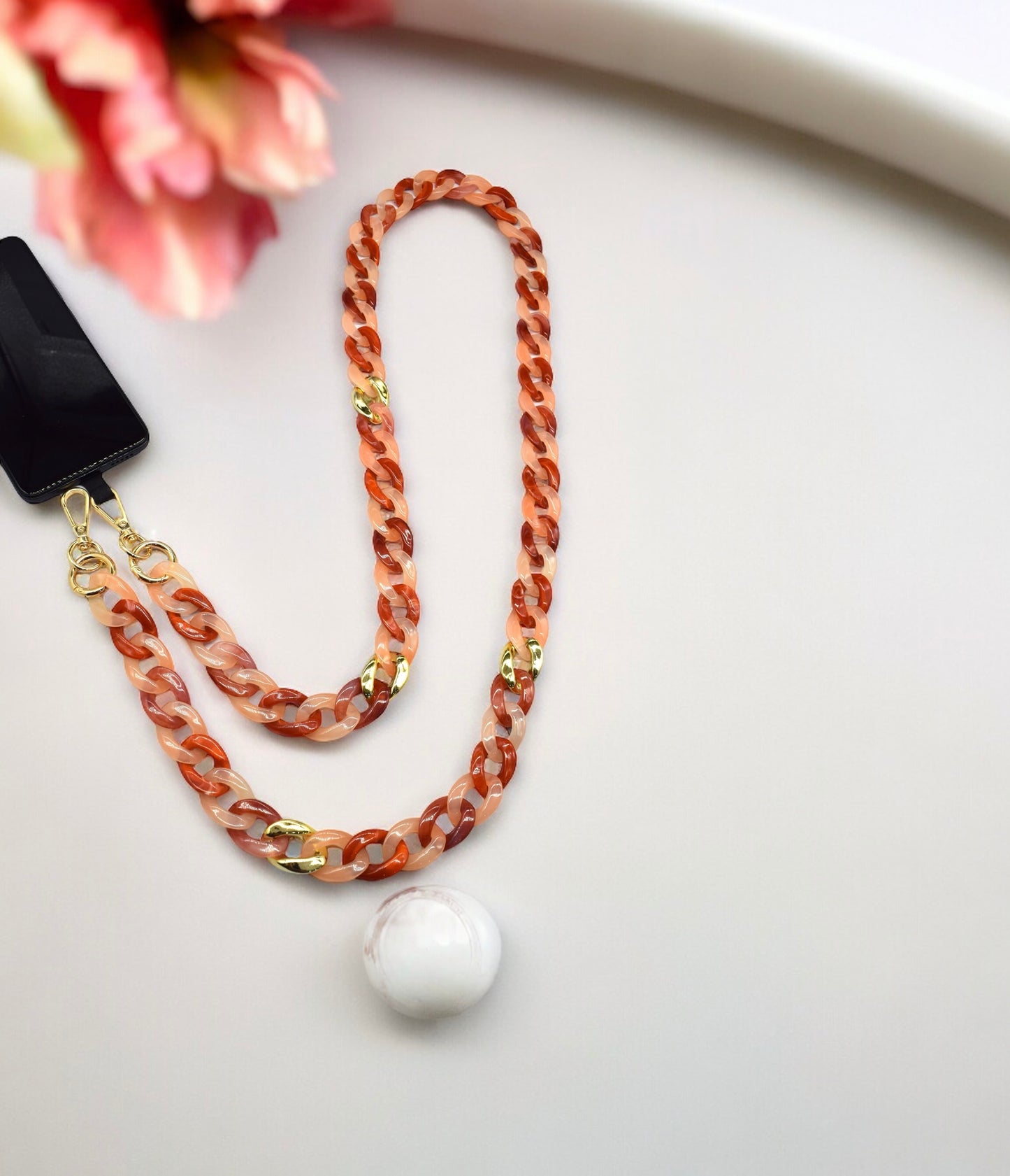 Corail, rouge et Or - Chaîne de portable à 2 attaches