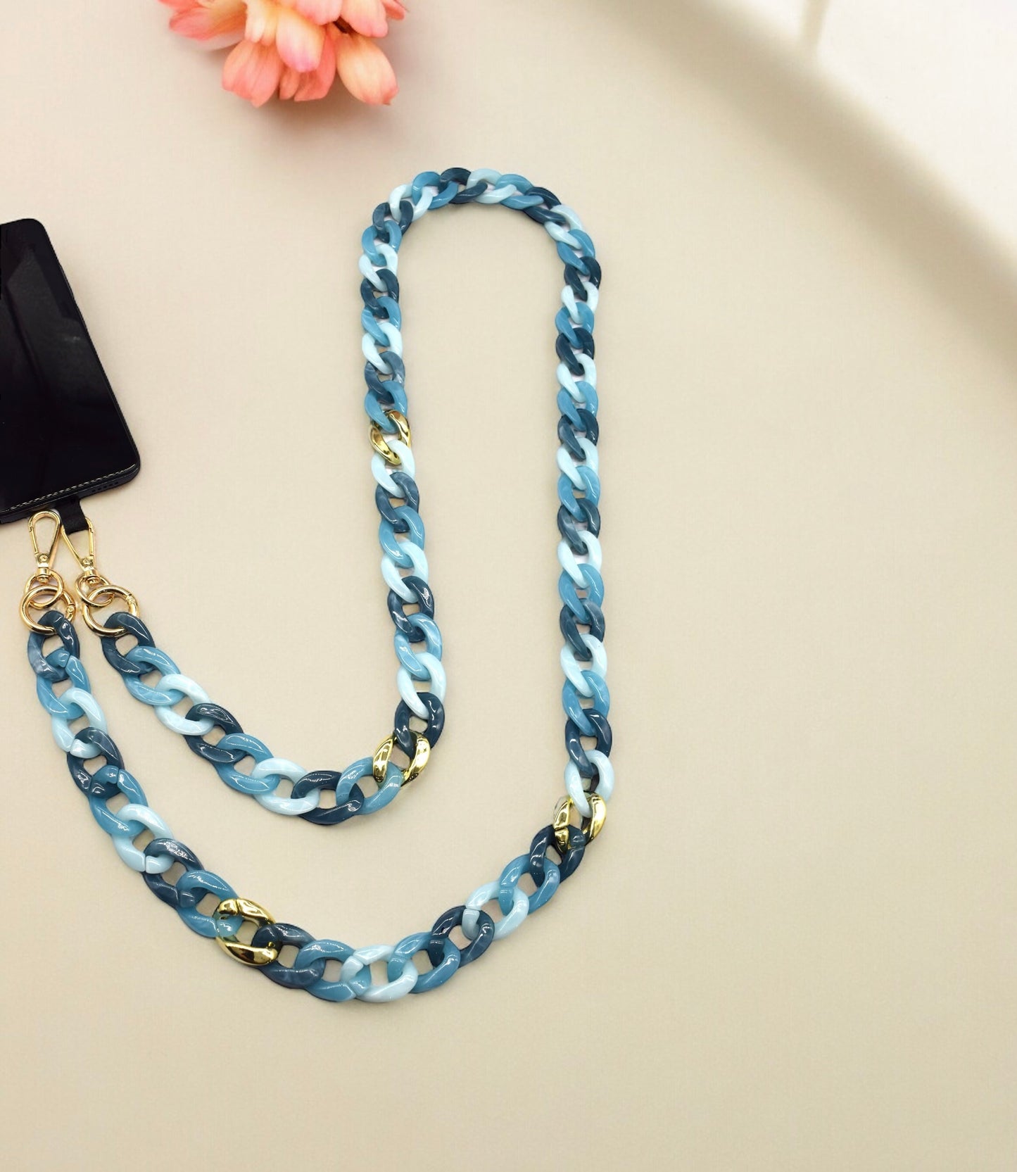 Bleu nuancé et Or - Chaîne de portable à 2 attaches