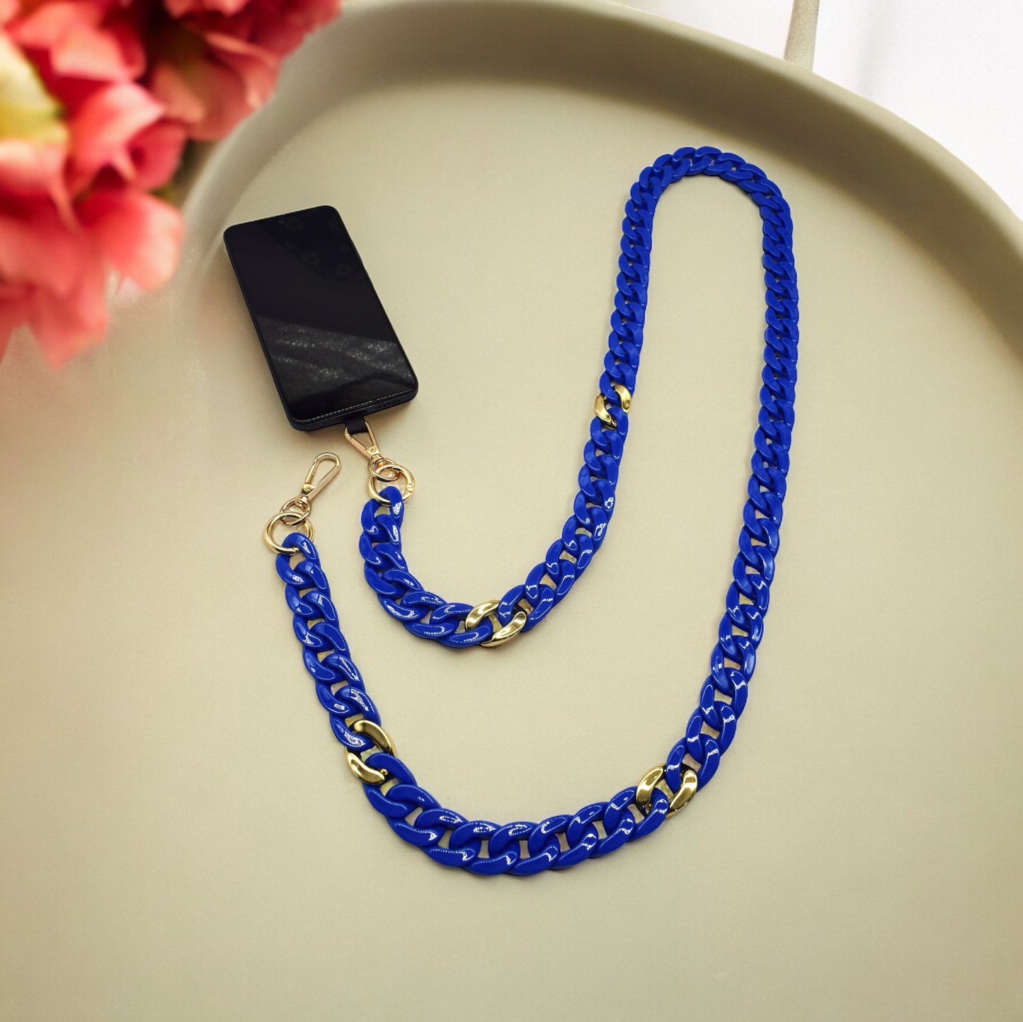 Bleu électrique et Or - Chaîne de portable à 2 attaches
