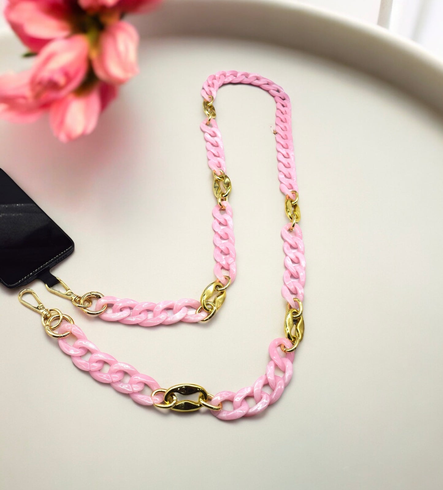 Or et Rose pale - Chaîne de portable à 2 attaches