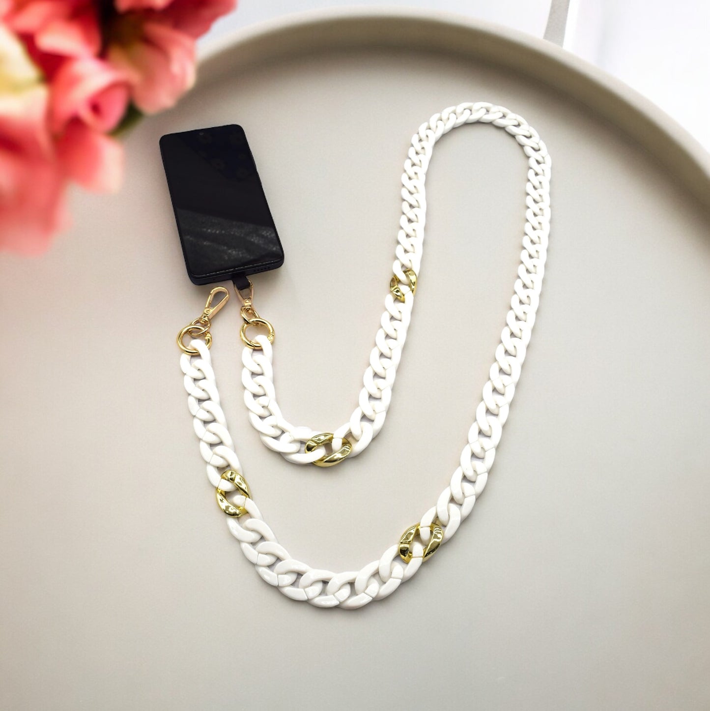 Blanc et Or - Chaîne de portable à 2 attaches