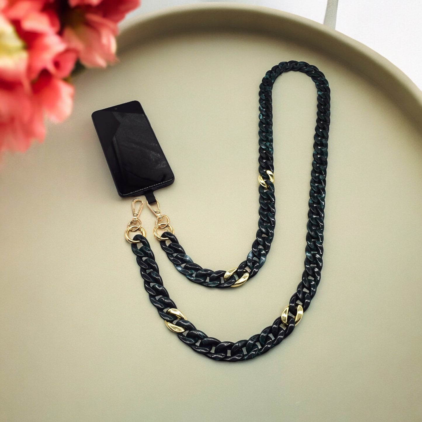 Vert foncé et Or - Chaîne de Portable à 2 attaches