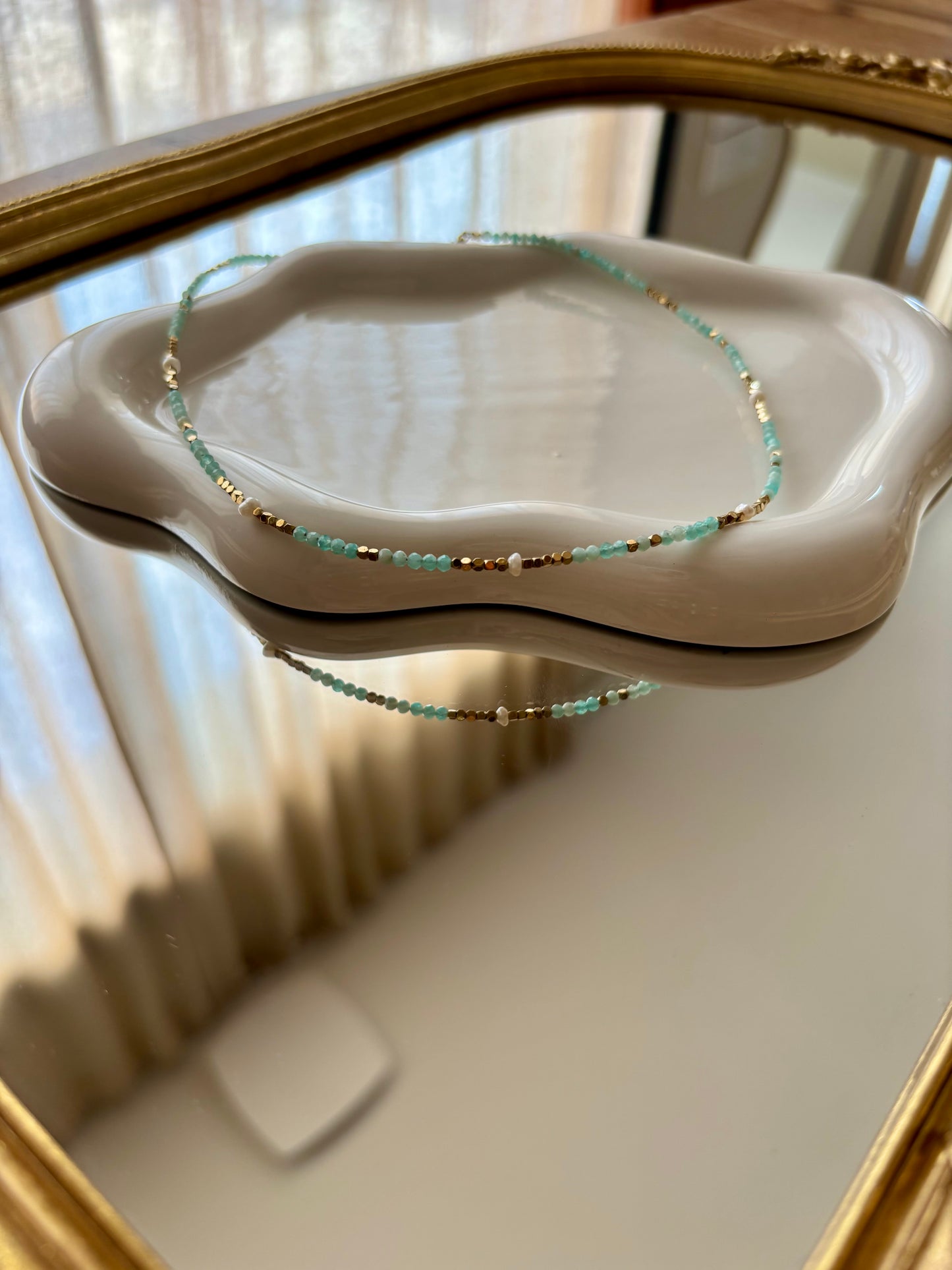 ROMANE - Collier en Pierre Naturelle Amazonite, en perles d’eau douces et en Acier Inoxydable