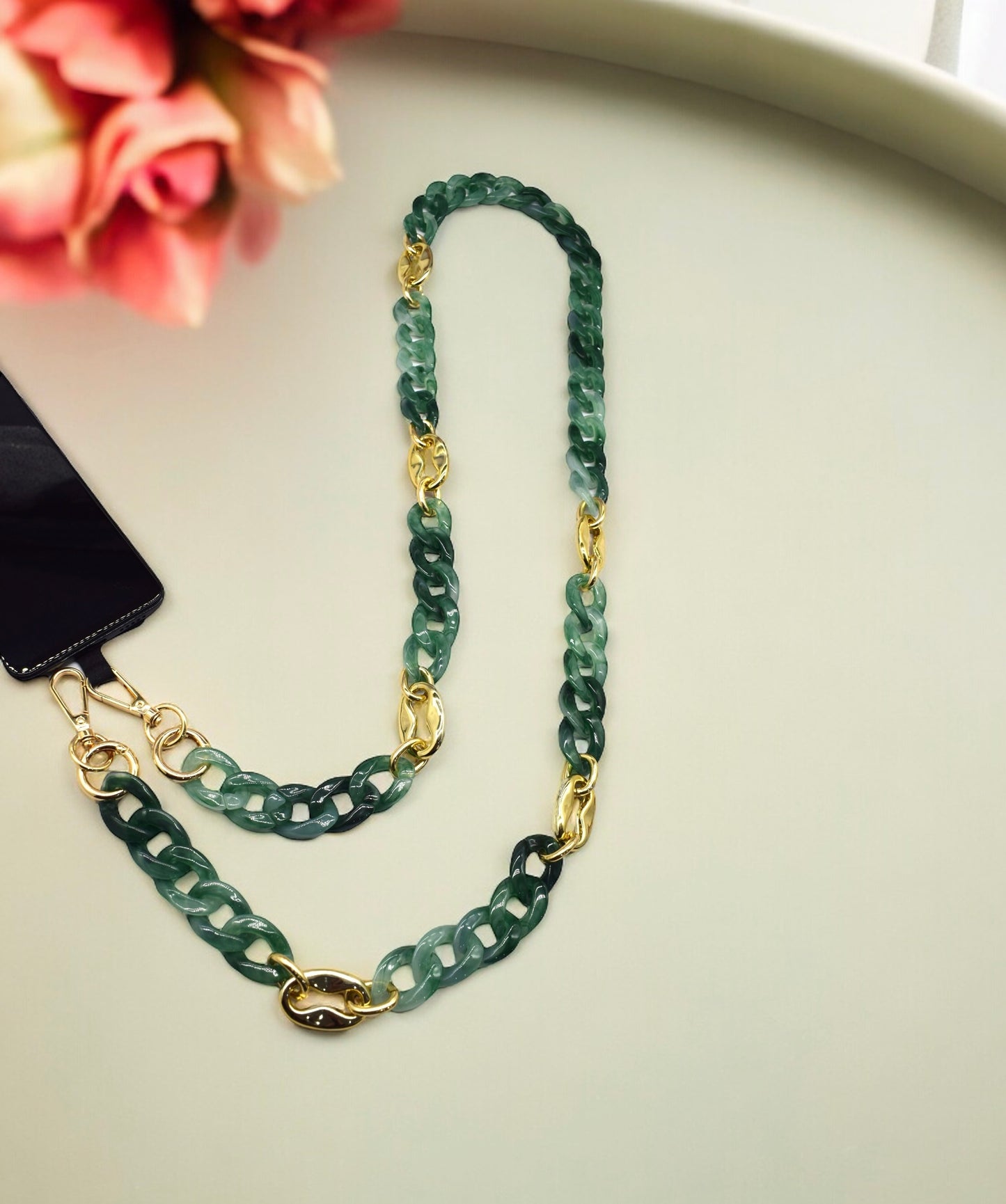 Vert nuancé et Or - Chaîne de portable à 2 attaches