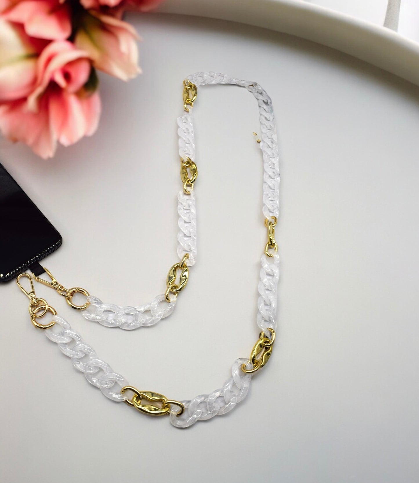 Blanc transparent et Or - Chaîne de portable à 2 attaches