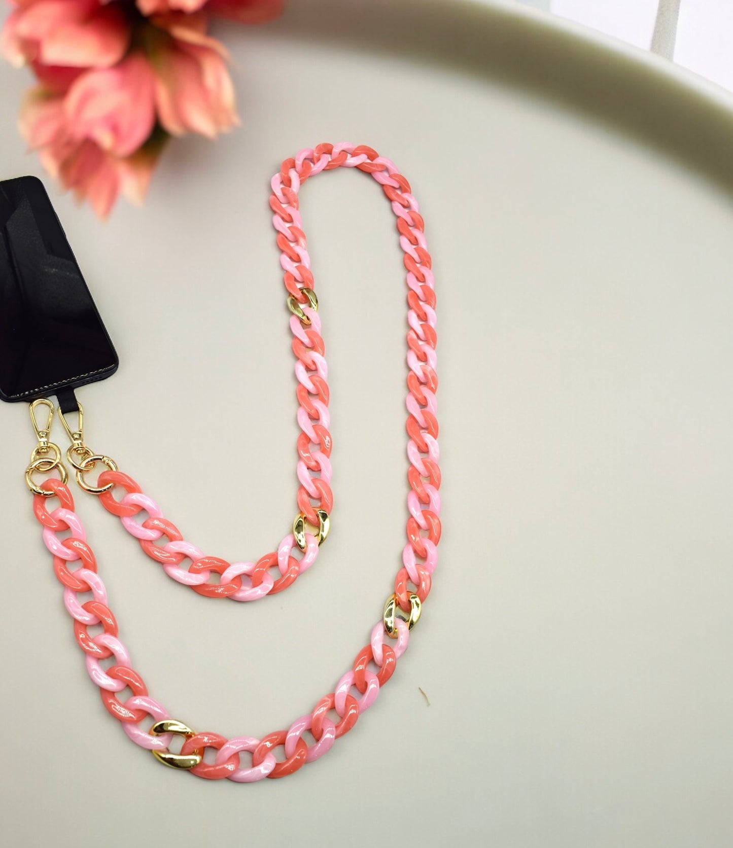 Rose nuancé et Or - Chaîne de portable à 2 attaches