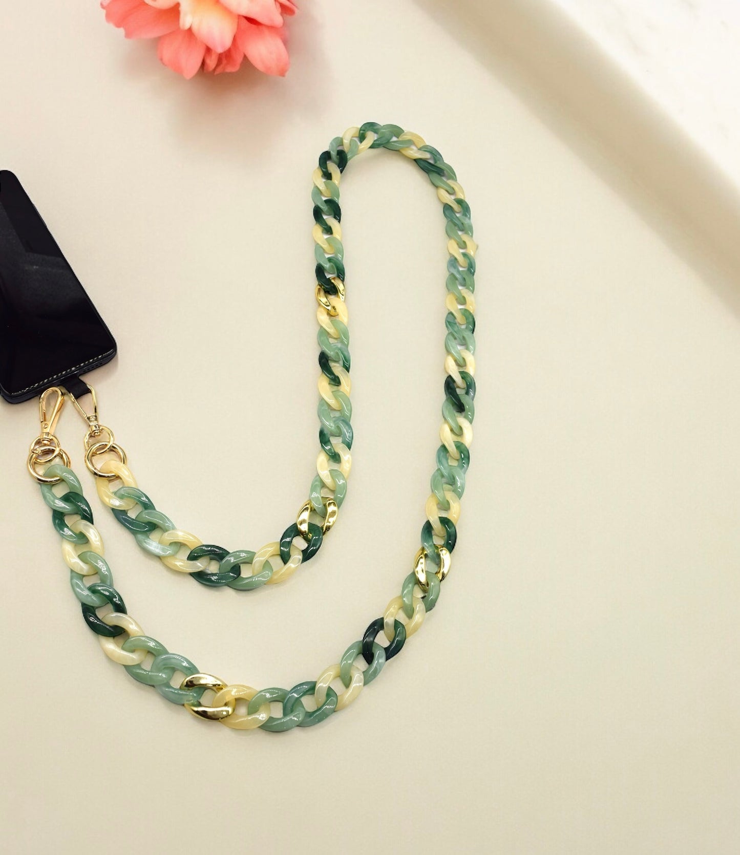 Vert, jaune et Or - Chaîne de portable à 2 attaches