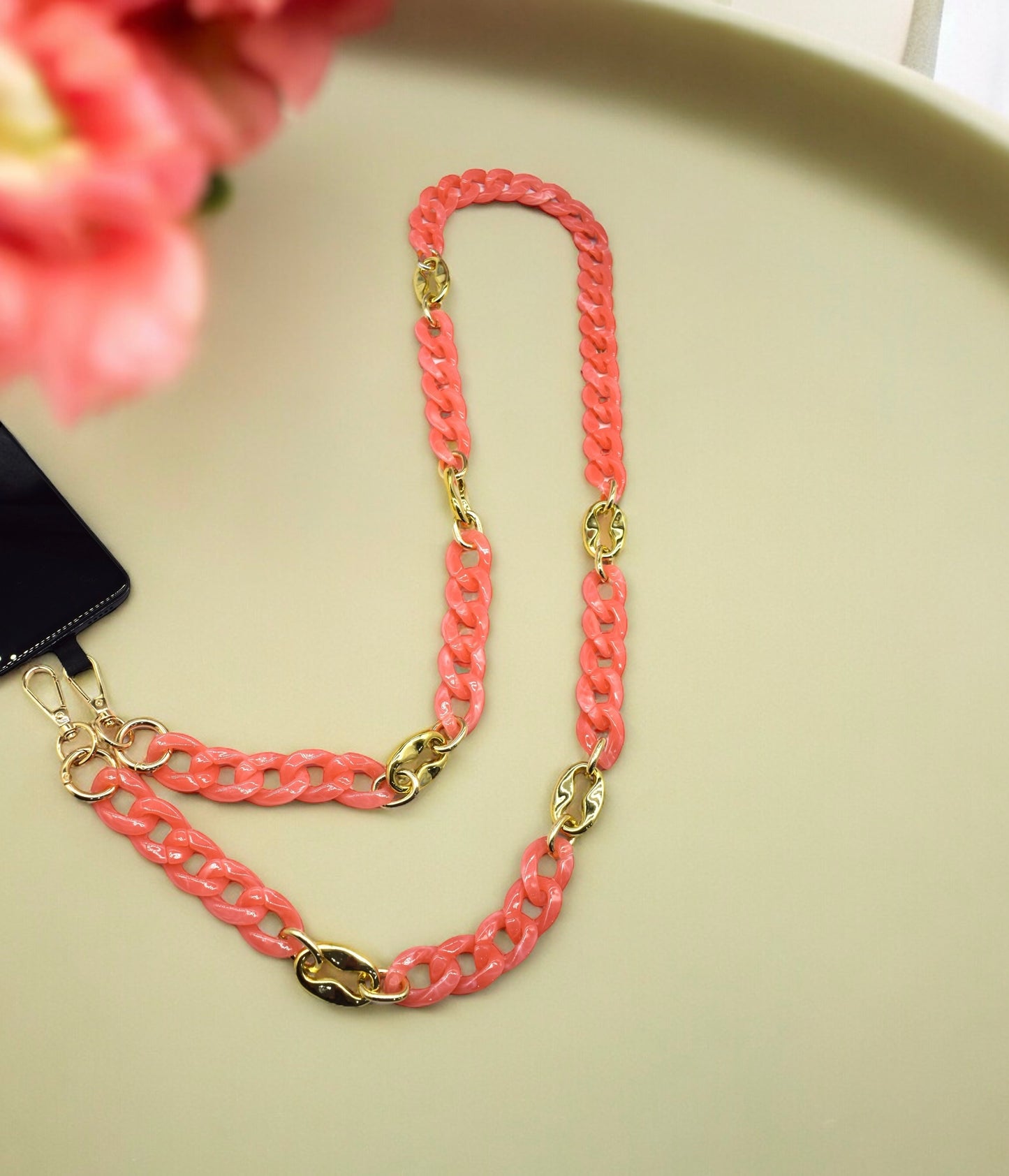 Corail et Or - Chaîne de portable à 2 attaches