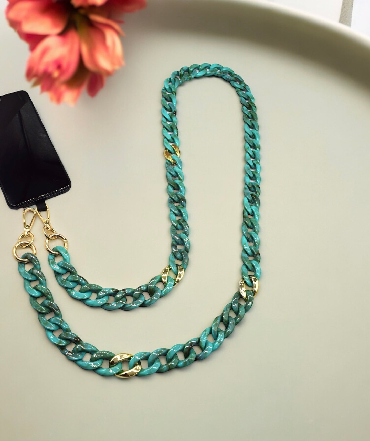 Vert nuancé et Or - Chaîne de portable à 2 attaches