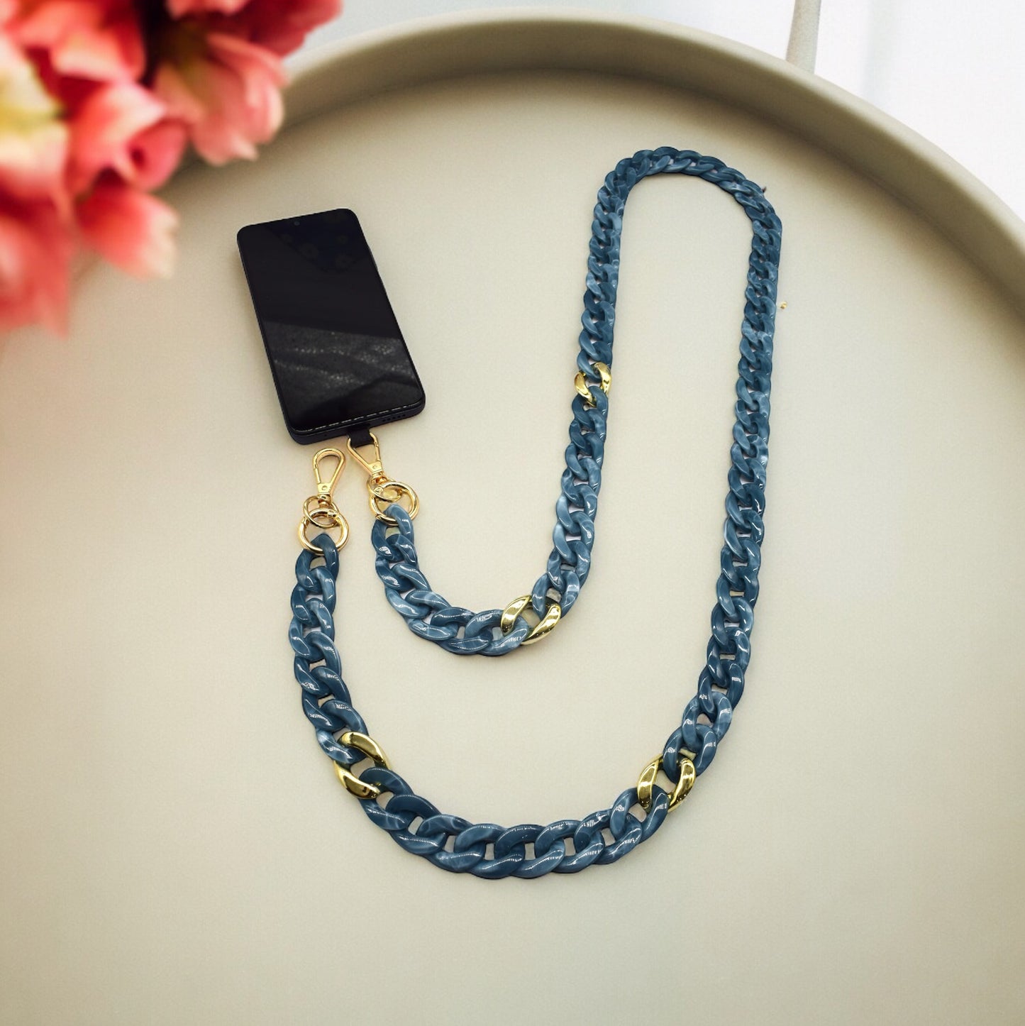 Bleu jean et Or - Chaîne de portable à 2 attaches