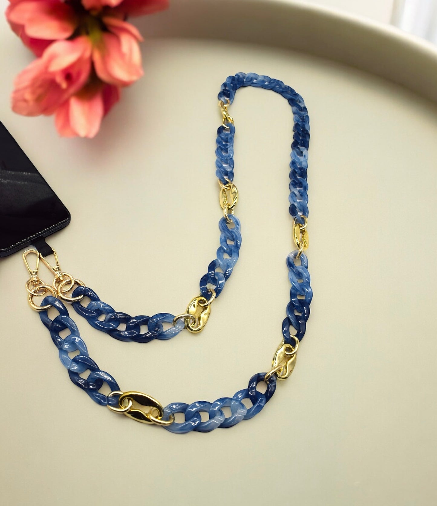 Bleu foncé nuancé et Or - Chaîne de portable à 2 attaches