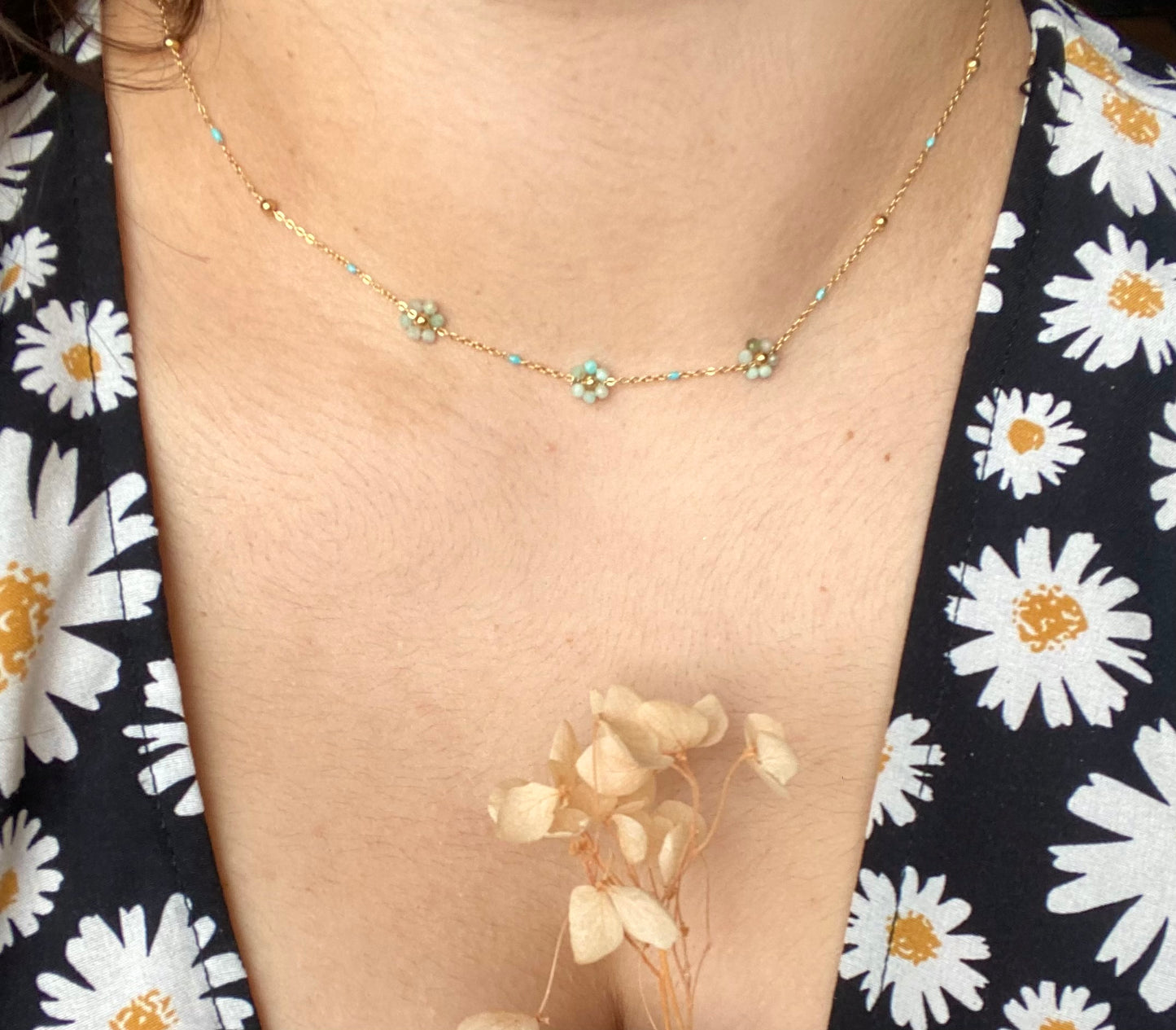Selena - Collier fleur Bleu d’été en Acier Inoxydable