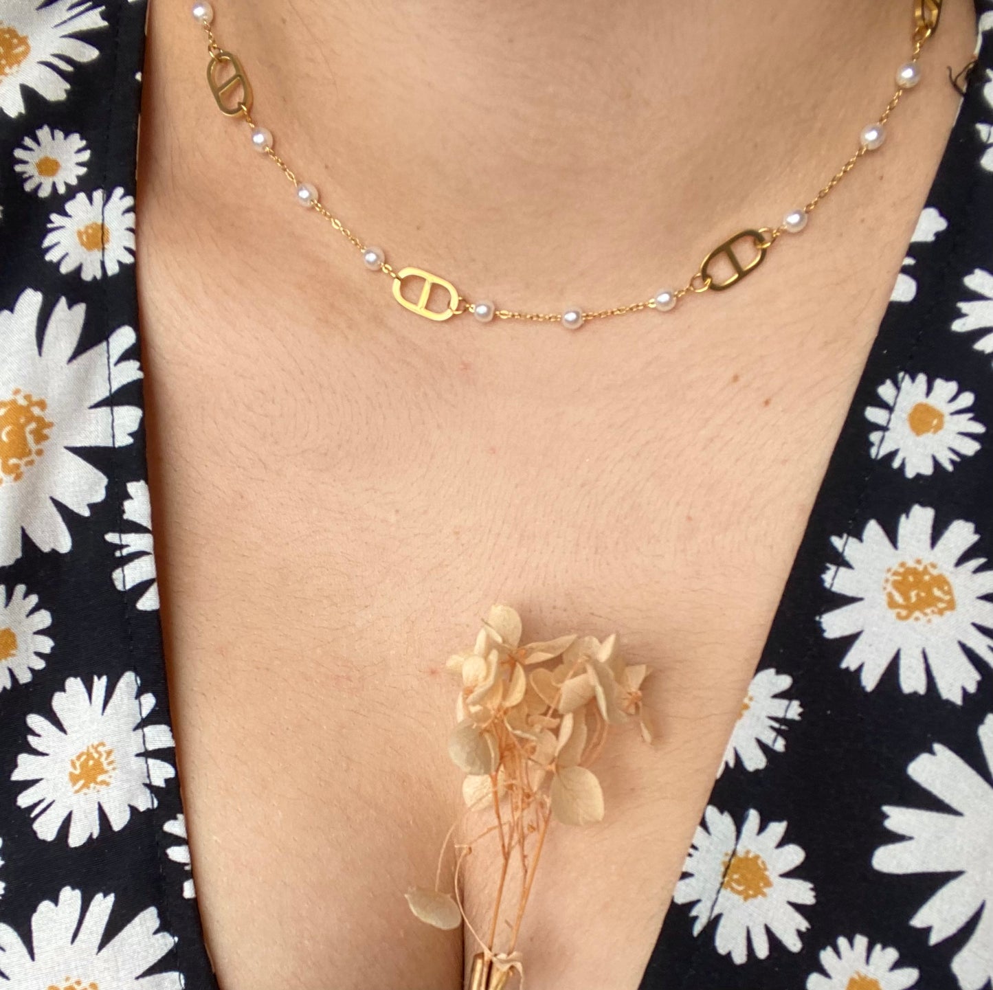 Steline - Collier d’été en perles et double D en Acier Inoxydable