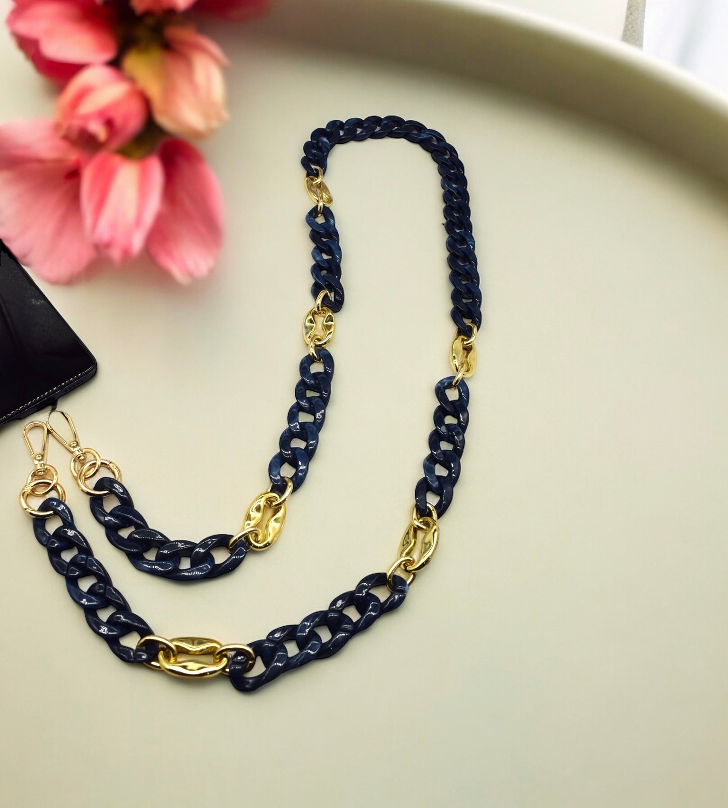 Bleu foncé et Or - Chaîne de portable à 2 attaches