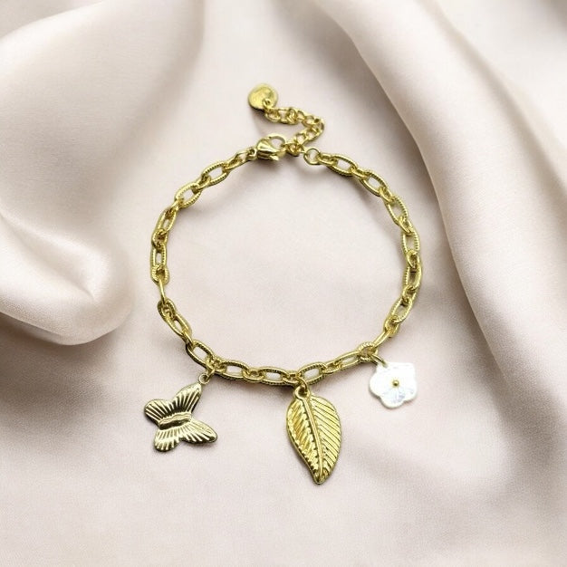 Guadeloupe - Bracelet breloques et fleur en Nacre en Acier Inoxydable