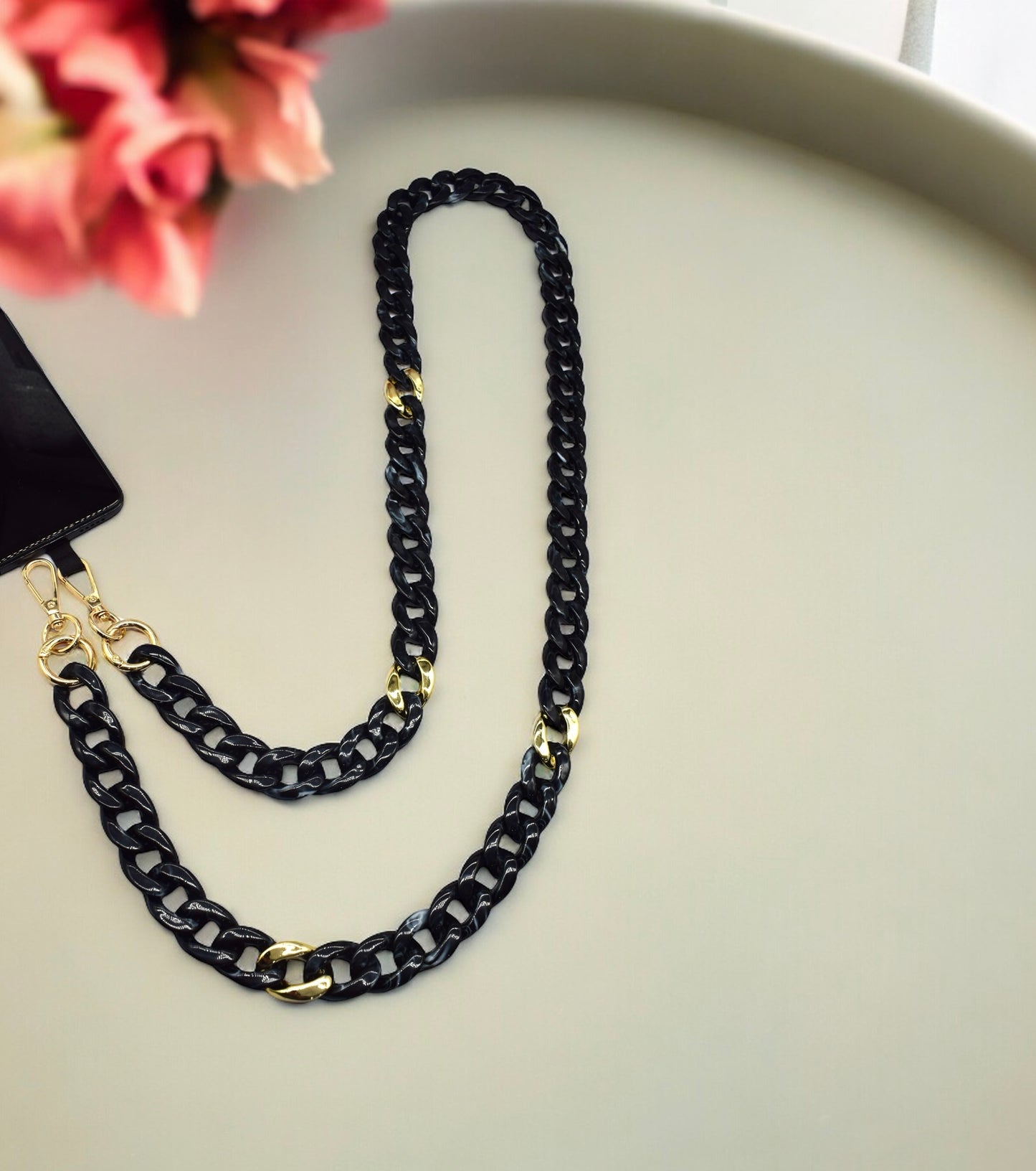 Noir et Or - Chaîne de portable à 2 attaches