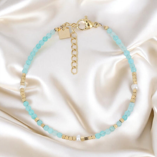 ROMANE - Bracelet en Pierre Naturelle Amazonite, en perles d’eau douces et en Acier Inoxydable