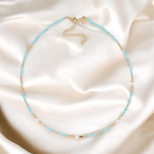 ROMANE - Collier en Pierre Naturelle Amazonite, en perles d’eau douces et en Acier Inoxydable