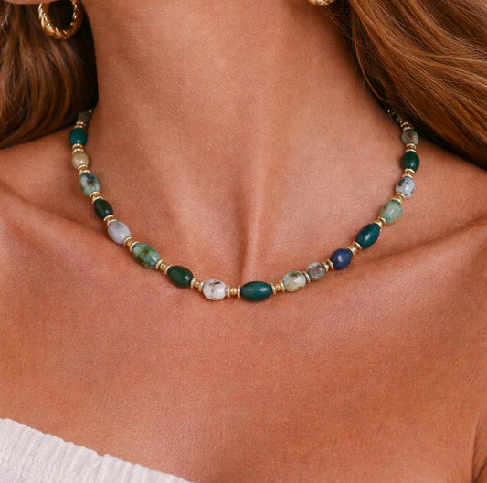 CLÉA - Collier en Agathe mousse et en Acier Inoxydable