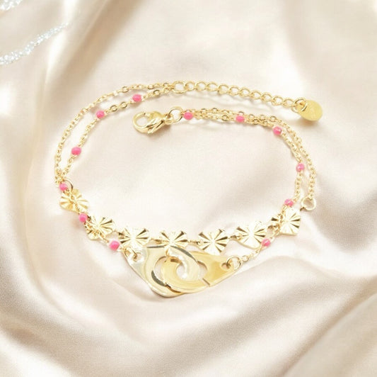 Vaïna - Bracelet double en cadenas rose et cœur en Acier Inoxydable