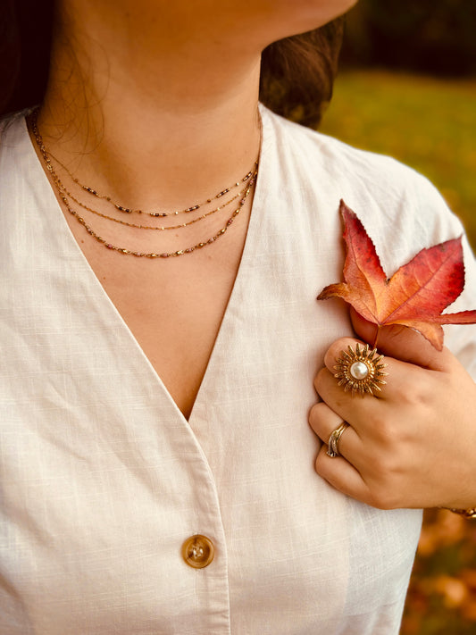 TAÏLA - Collier 3 rang en Pierre naturelle rhodonite et en Acier Inoxydable