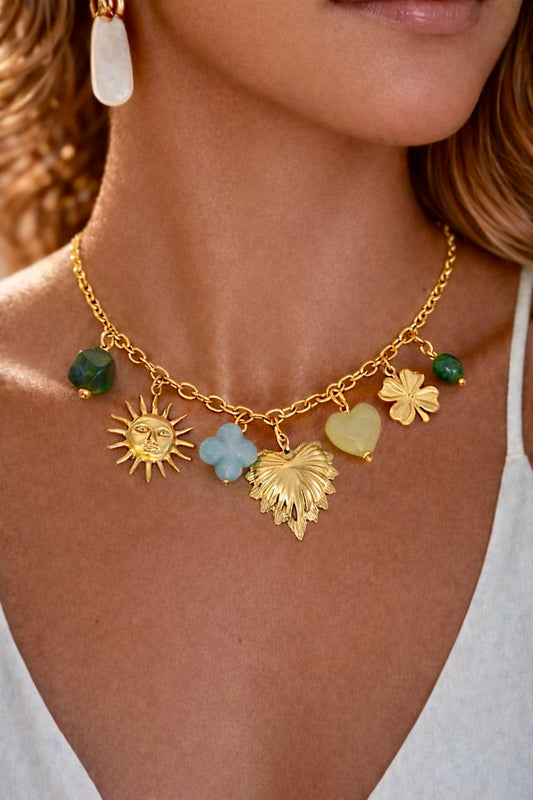 JASPE - Collier breloques et pierres vertes en Acier Inoxydable