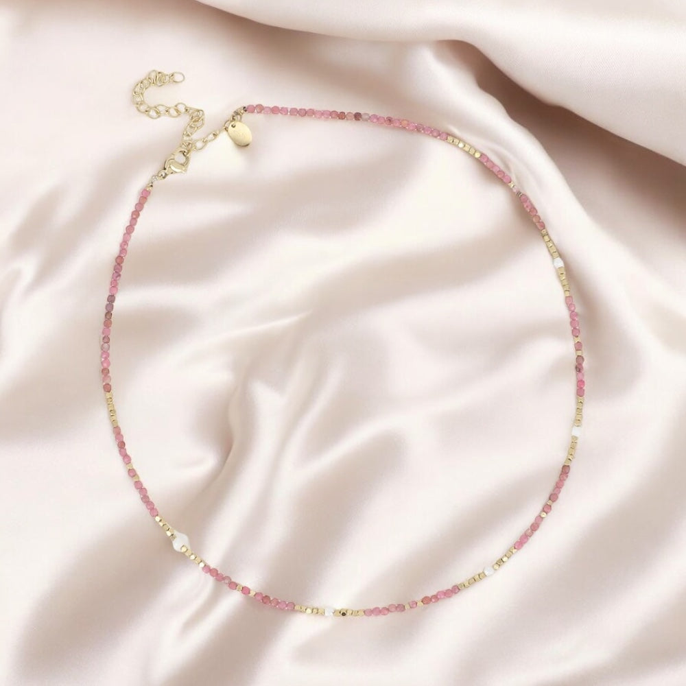 FRAISY - Collier en Pierre Naturelle quartz fraise, perles d’eau douce et en Acier Inoxydable