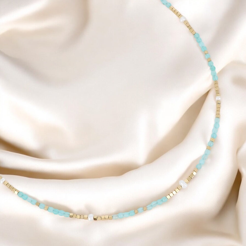 ROMANE - Collier en Pierre Naturelle Amazonite, en perles d’eau douces et en Acier Inoxydable