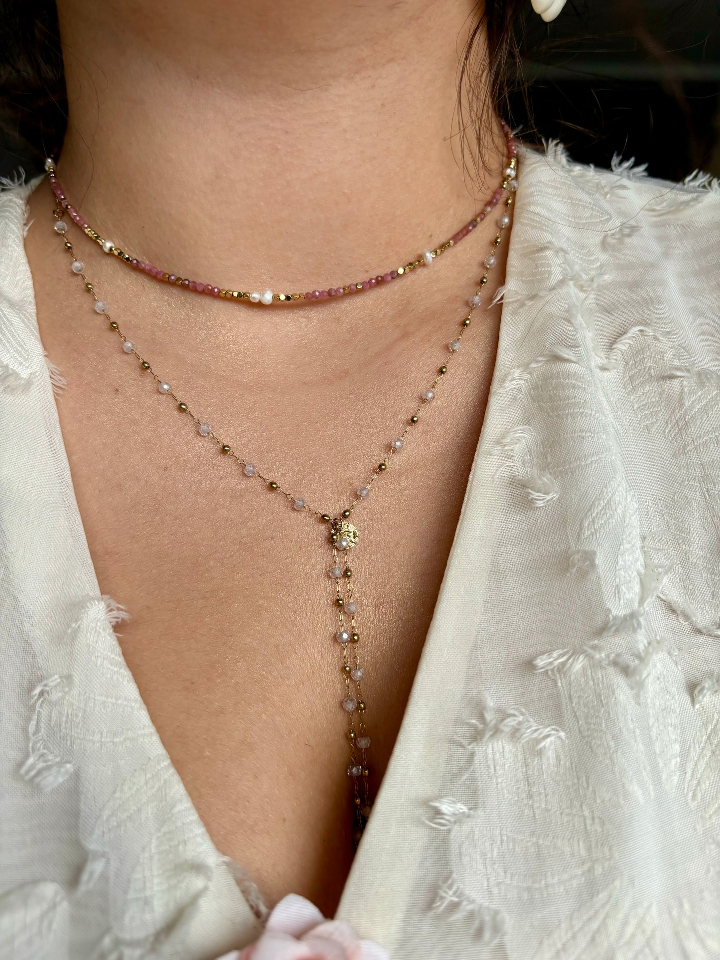 MELANY - Collier en Pierre naturelle quartz rose en perles d’eau douce et en Acier Inoxydable