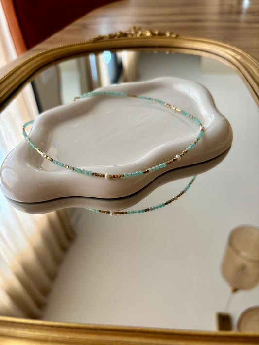 ROMANE - Collier en Pierre Naturelle Amazonite, en perles d’eau douces et en Acier Inoxydable