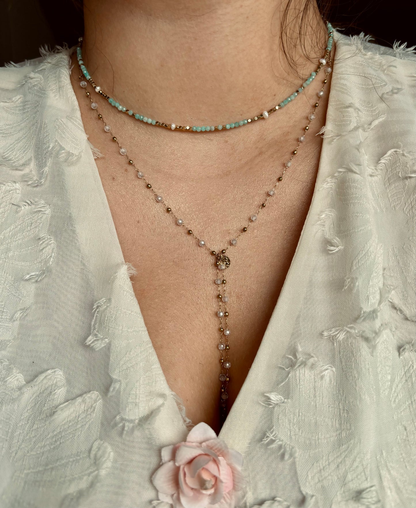 ROMANE - Collier en Pierre Naturelle Amazonite, en perles d’eau douces et en Acier Inoxydable