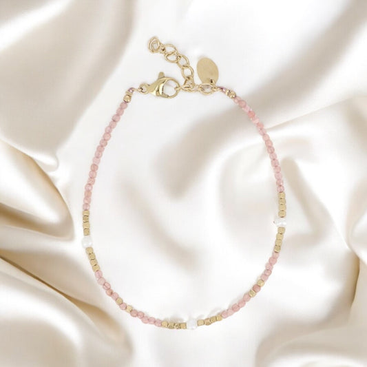 MELANY - Bracelet en Pierre Naturelle Quartz rose et en Acier Inoxydable