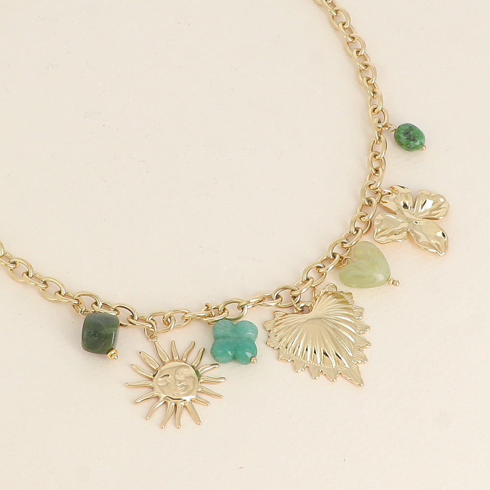 JASPE - Collier breloques et pierres vertes en Acier Inoxydable