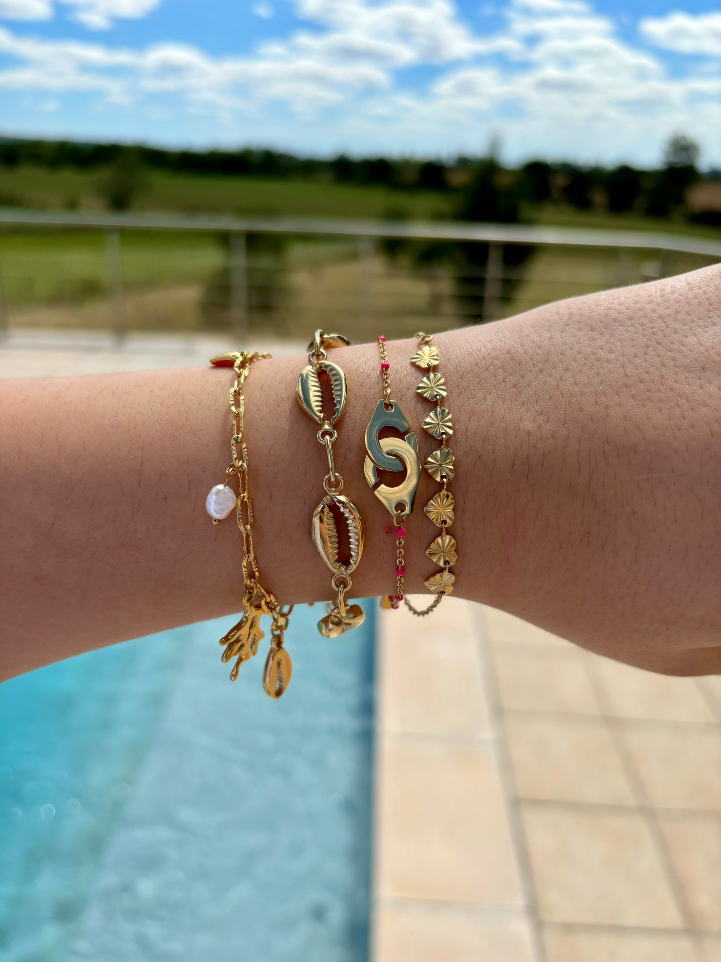 Vaïna - Bracelet double en cadenas rose et cœur en Acier Inoxydable